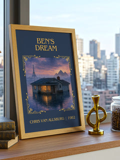Ben'S Dream Classic Book Art Print by Chris Van Allsburg – framed print on a city-view windowsill