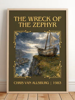 The Wreck Of The Zephyr Classic Book Art Print by Chris Van Allsburg – framed print leaning on a wooden floor