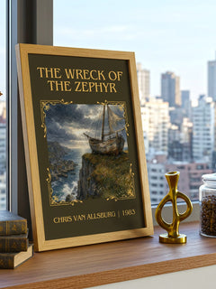 The Wreck Of The Zephyr Classic Book Art Print by Chris Van Allsburg – framed print on a city-view windowsill