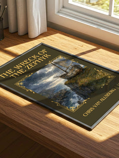 The Wreck Of The Zephyr Classic Book Art Print by Chris Van Allsburg – print on a sunlit desk