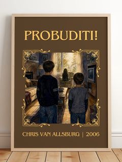 Probuditi! Classic Book Art Print by Chris Van Allsburg – framed print leaning on a wooden floor