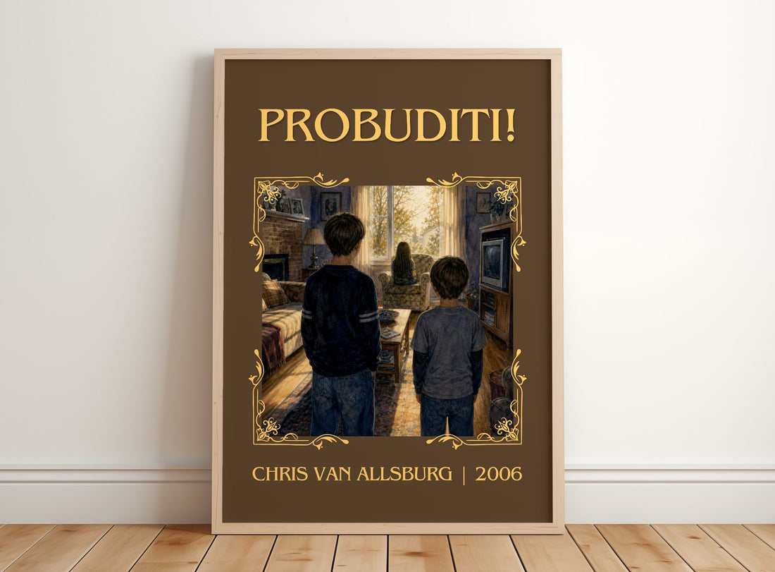 Probuditi! Classic Book Art Print by Chris Van Allsburg – framed print leaning on a wooden floor