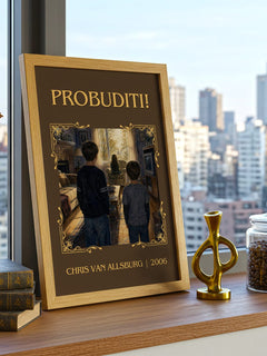 Probuditi! Classic Book Art Print by Chris Van Allsburg – framed print on a city-view windowsill