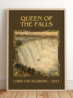 Queen Of The Falls Classic Book Art Print by Chris Van Allsburg – framed print leaning on a wooden floor