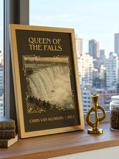Queen Of The Falls Classic Book Art Print by Chris Van Allsburg – framed print on a city-view windowsill