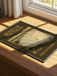 Queen Of The Falls Classic Book Art Print by Chris Van Allsburg – print on a sunlit desk