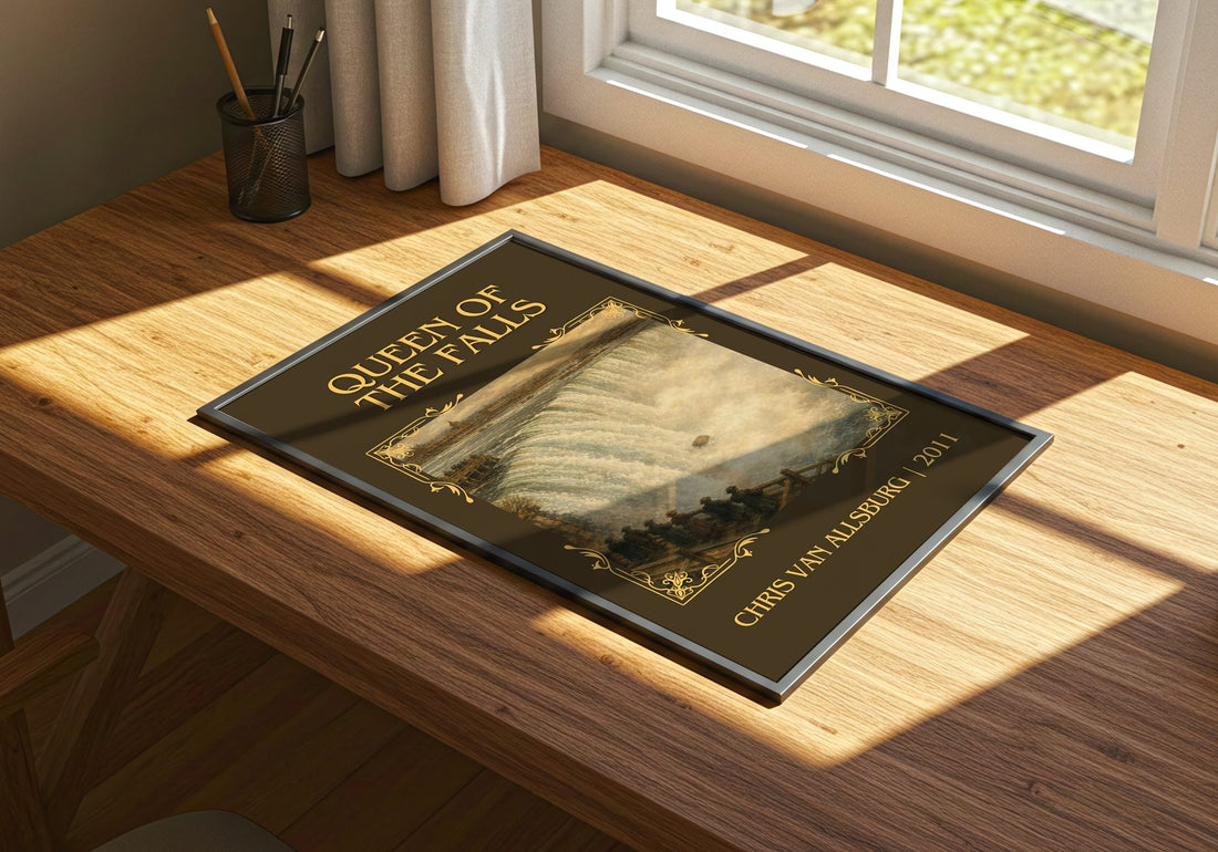 Queen Of The Falls Classic Book Art Print by Chris Van Allsburg – print on a sunlit desk