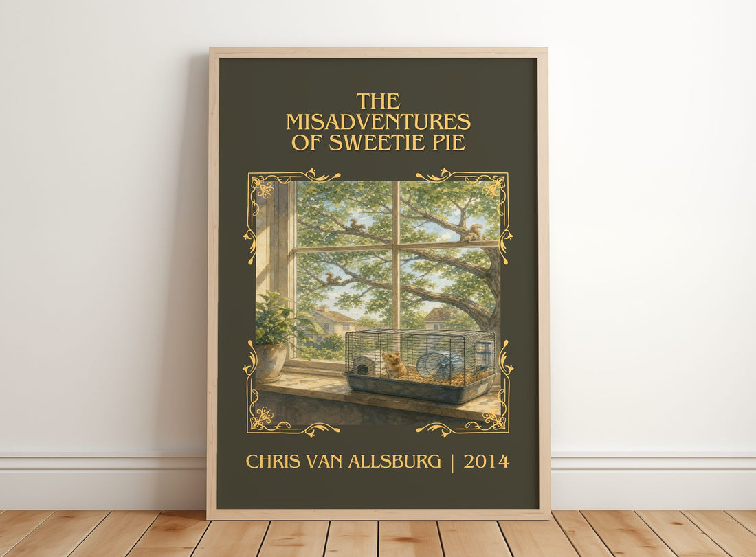 Misadventures Of Sweetie Pie Classic Book Art Print by C. Allsburg – framed print leaning on a wooden floor