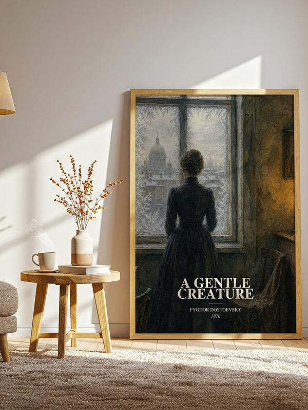 A Gentle Creature watercolour print in frame leaning in hallway – classic literature wall art