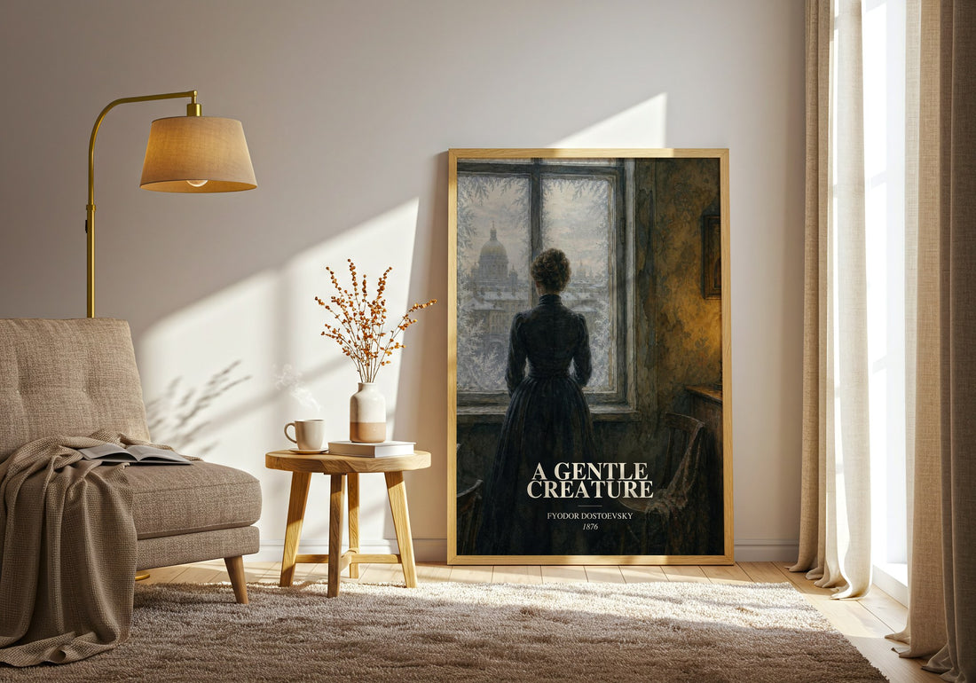 A Gentle Creature watercolour print in frame leaning in hallway – classic literature wall art (mockup)