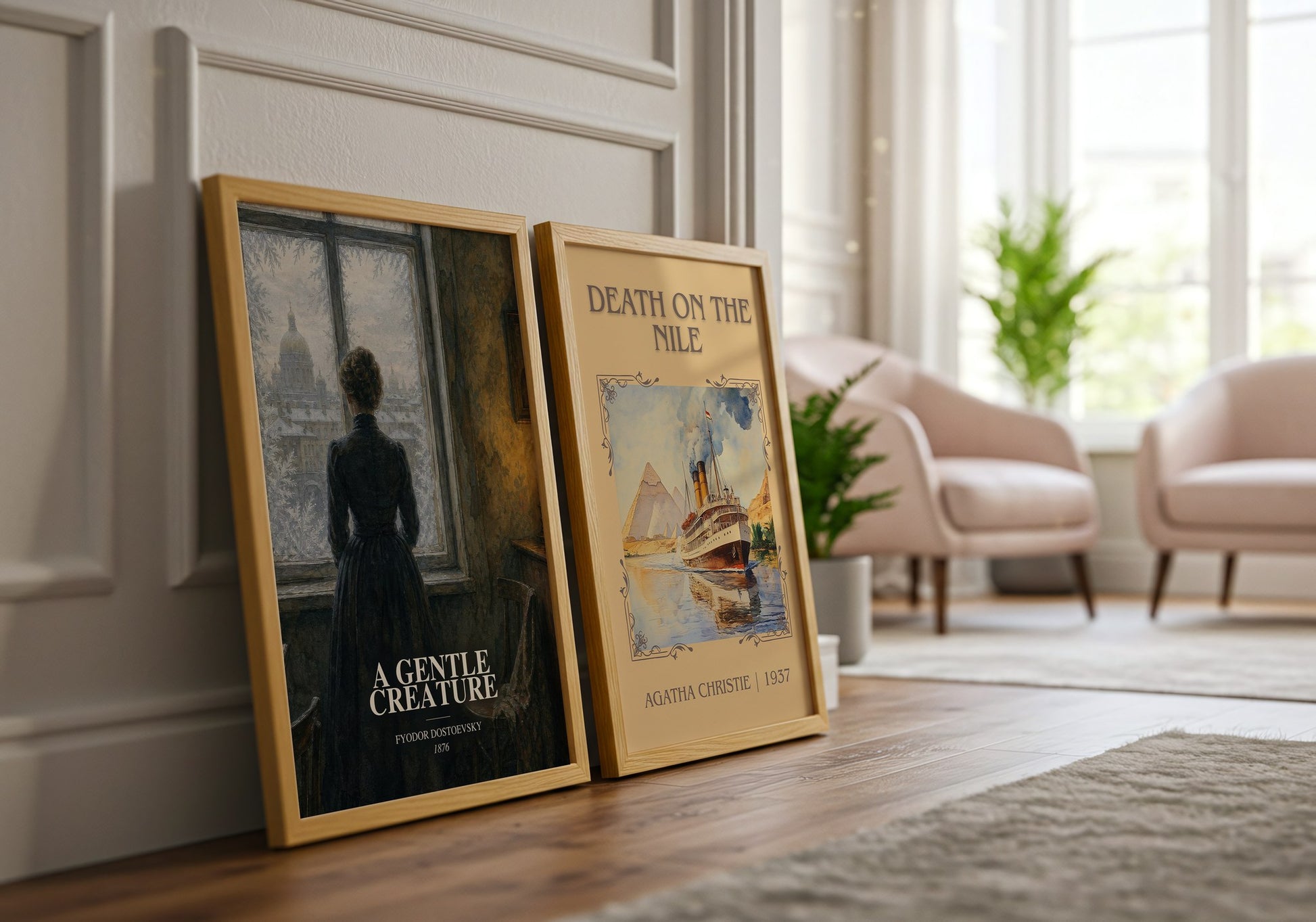 A Gentle Creature watercolour print framed by window – literary home decor