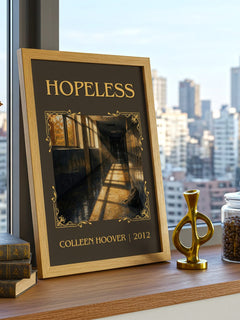 Hopeless Classic Book Art Print by Colleen Hoover – framed print on a city-view windowsill