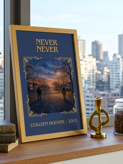 Never Never Classic Book Art Print by Colleen Hoover – framed print on a city-view windowsill