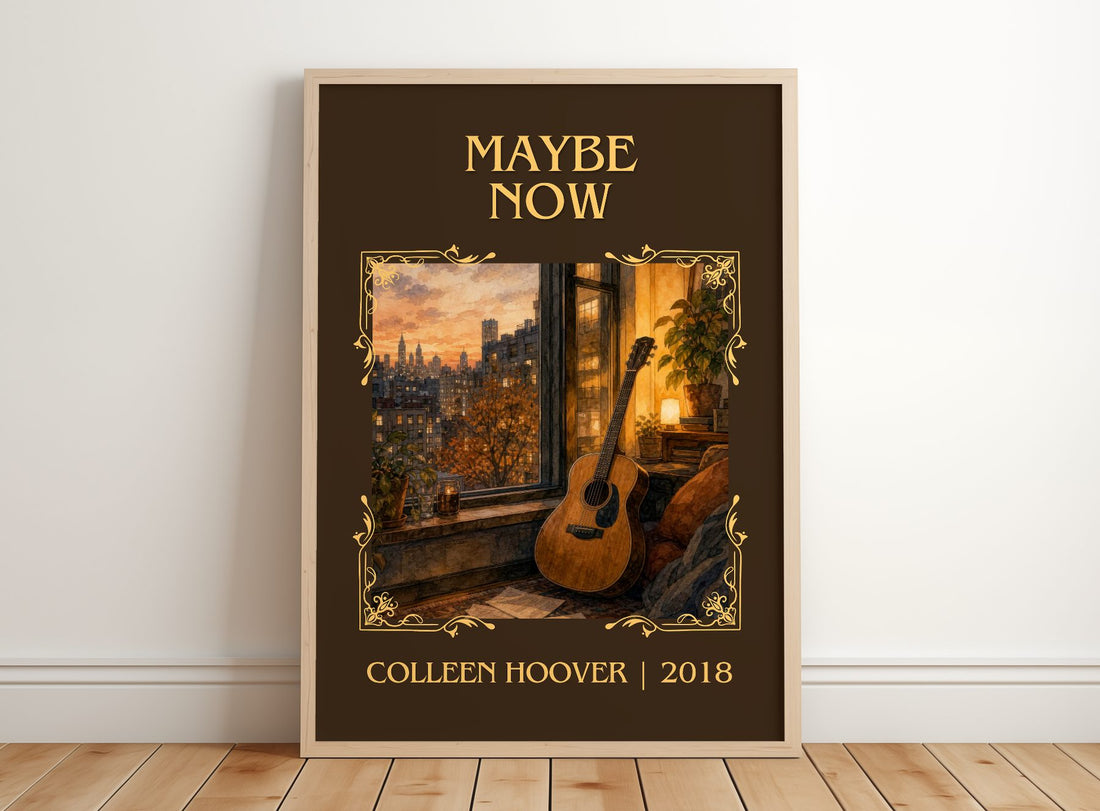 Maybe Now Classic Book Art Print by Colleen Hoover – framed print leaning on a wooden floor