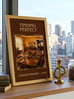 Finding Perfect Classic Book Art Print by Colleen Hoover – framed print on a city-view windowsill