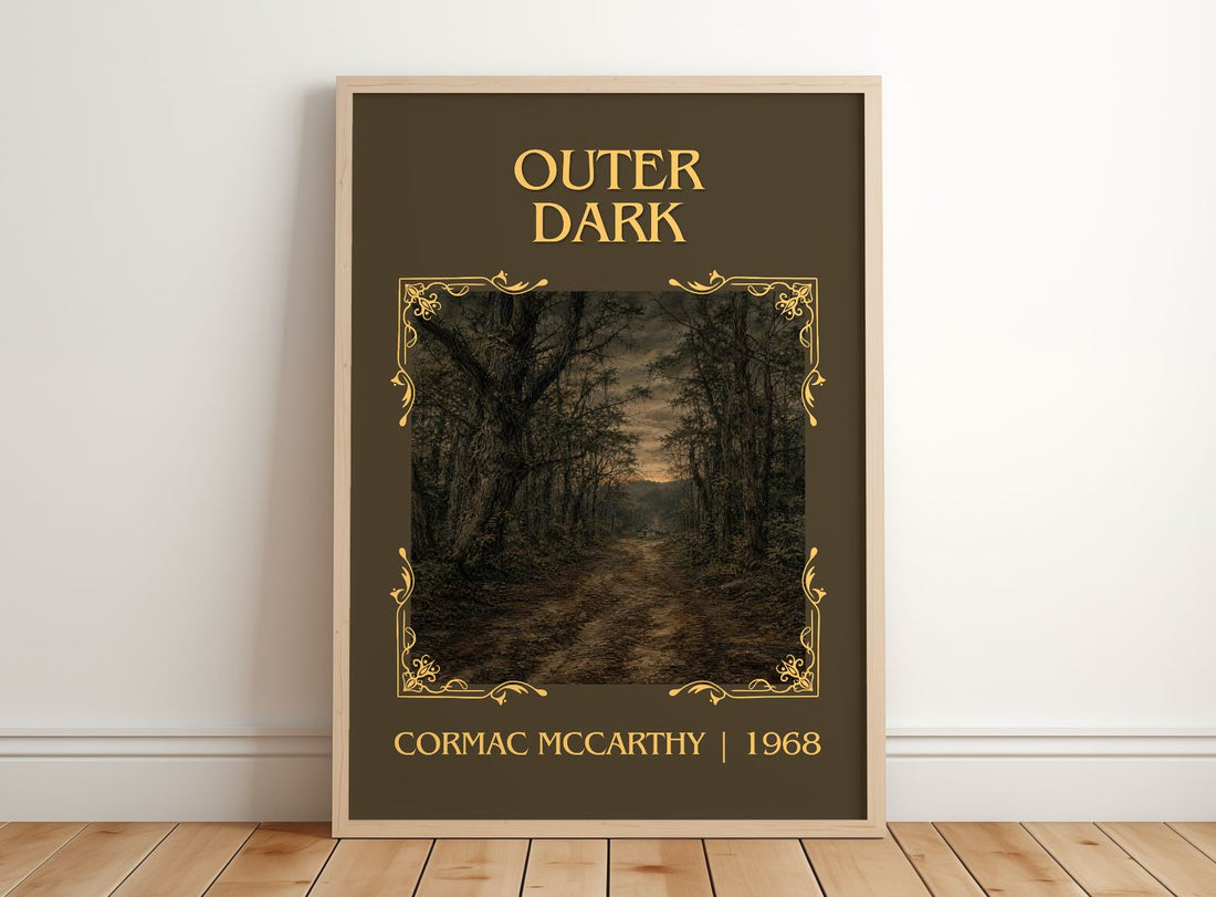 Outer Dark Classic Book Art Print by Cormac Mccarthy – framed print leaning on a wooden floor