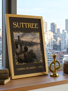 Suttree Classic Book Art Print by Cormac Mccarthy – framed print on a city-view windowsill