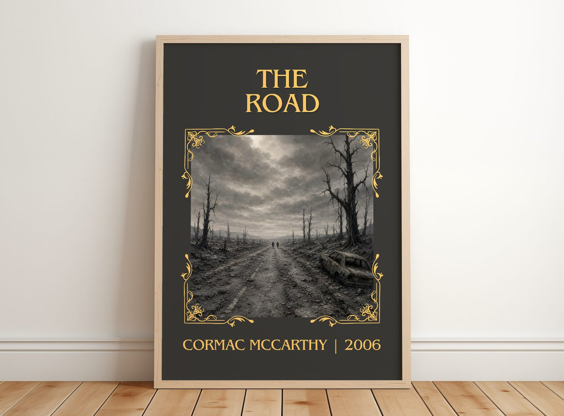 The Road Classic Book Art Print by Cormac Mccarthy – framed print leaning on a wooden floor