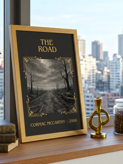 The Road Classic Book Art Print by Cormac Mccarthy – framed print on a city-view windowsill
