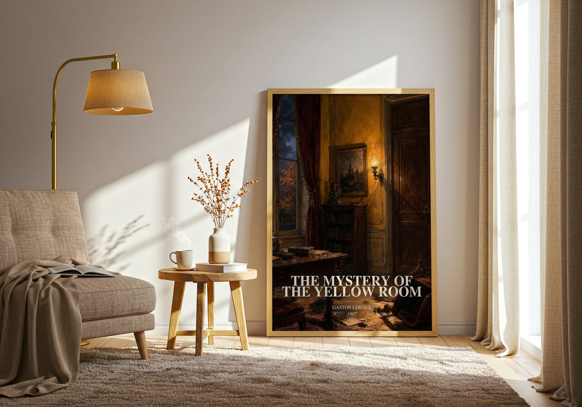 The Mystery Of The Yellow Room watercolour print in frame leaning in hallway – mystery wall art