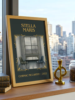 Stella Maris Classic Book Art Print by Cormac Mccarthy – framed print on a city-view windowsill