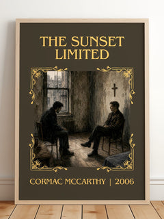 The Sunset Limited Classic Book Art Print by Cormac Mccarthy – framed print leaning on a wooden floor