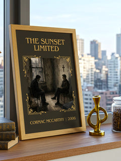 The Sunset Limited Classic Book Art Print by Cormac Mccarthy – framed print on a city-view windowsill