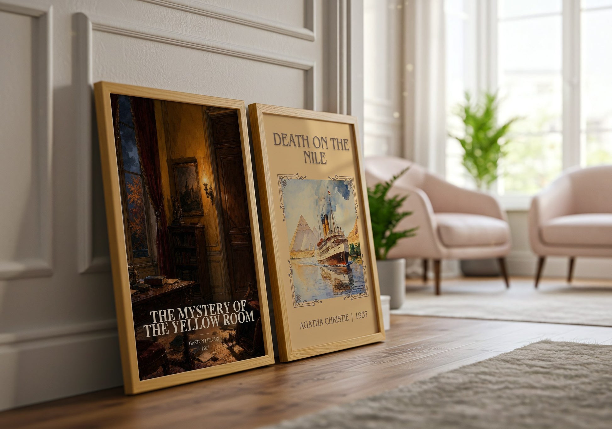 The Mystery Of The Yellow Room watercolour print framed by window – literary home decor