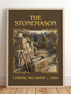 The Stonemason Classic Book Art Print by Cormac Mccarthy – framed print leaning on a wooden floor
