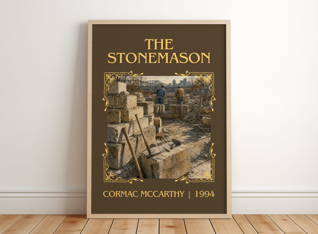 The Stonemason Classic Book Art Print by Cormac Mccarthy – framed print leaning on a wooden floor