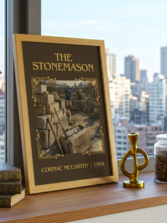 The Stonemason Classic Book Art Print by Cormac Mccarthy – framed print on a city-view windowsill