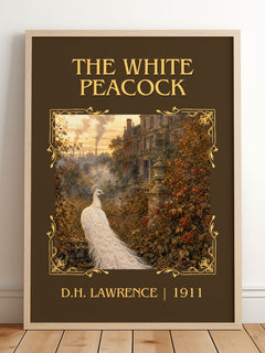 The White Peacock Classic Book Art Print by D.H. Lawrence – framed print leaning on a wooden floor