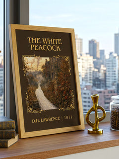 The White Peacock Classic Book Art Print by D.H. Lawrence – framed print on a city-view windowsill
