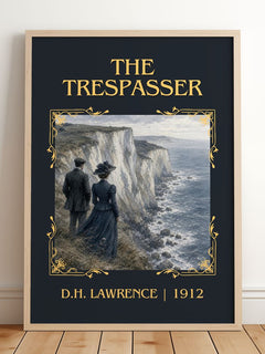 The Trespasser Classic Book Art Print by D.H. Lawrence – framed print leaning on a wooden floor