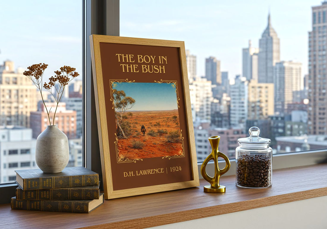 The Boy In The Bush Classic Book Art Print by D.H. Lawrence – framed print on a city-view windowsill