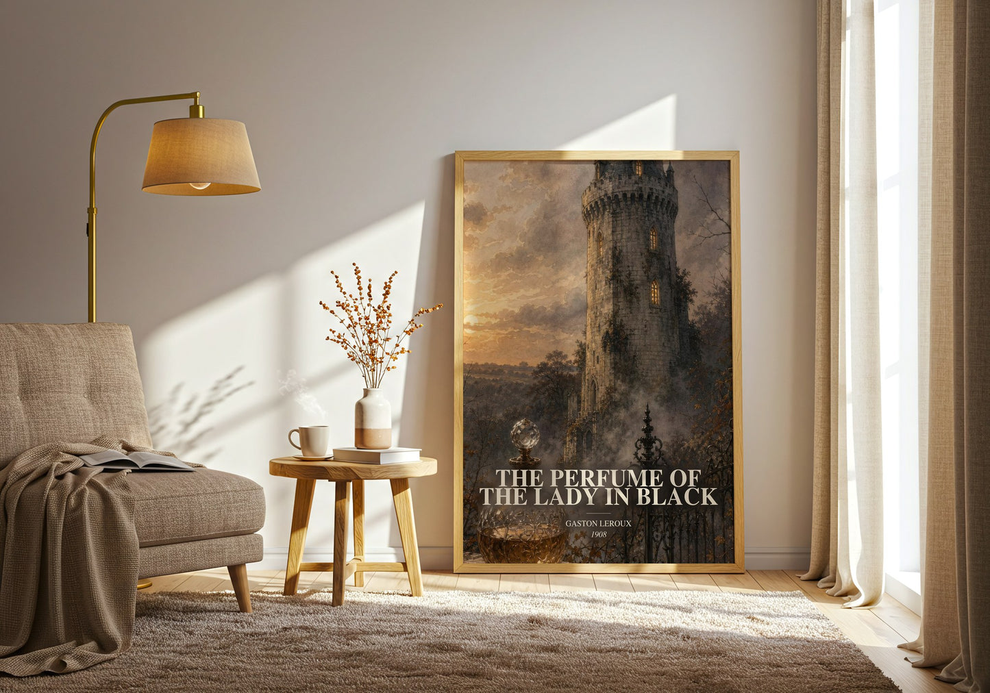 The Perfume Of The Lady In Black watercolour print in frame leaning in hallway – mystery wall art