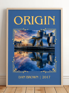 Origin Classic Book Art Print by Dan Brown – framed print leaning on a wooden floor