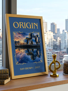 Origin Classic Book Art Print by Dan Brown – framed print on a city-view windowsill