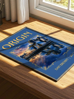 Origin Classic Book Art Print by Dan Brown – print on a sunlit desk
