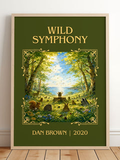 Wild Symphony Classic Book Art Print by Dan Brown – framed print leaning on a wooden floor