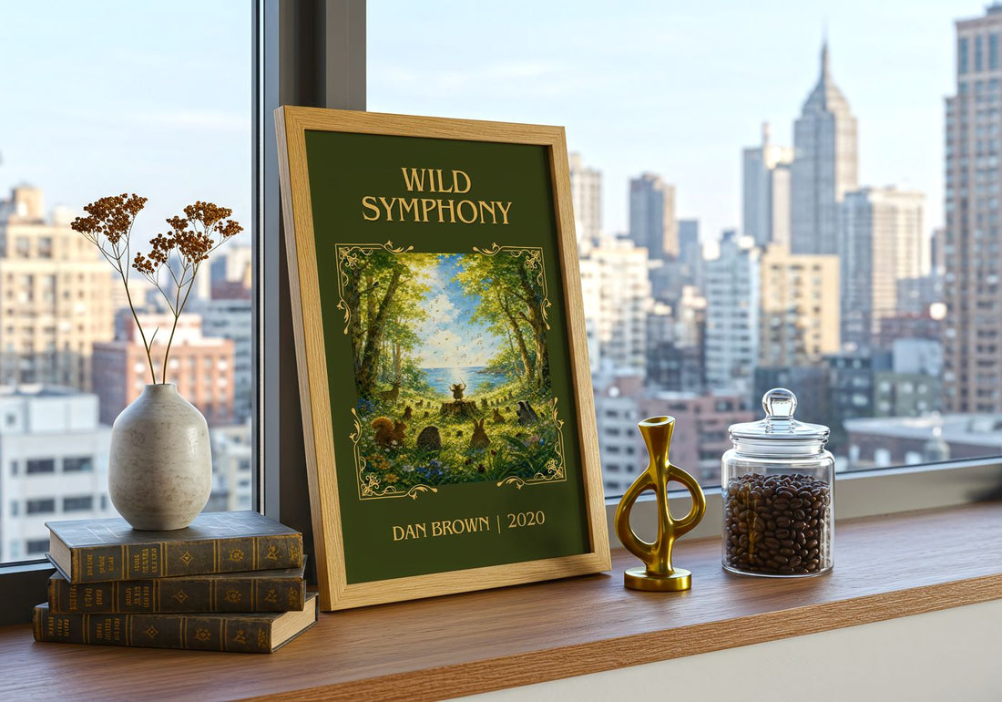 Wild Symphony Classic Book Art Print by Dan Brown – framed print on a city-view windowsill