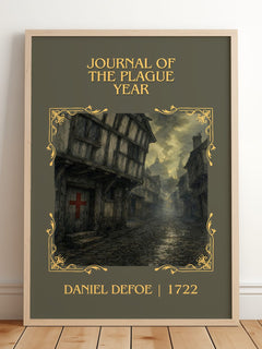 Journal Of The Plague Year Classic Book Art Print by Daniel Defoe – framed print leaning on a wooden floor