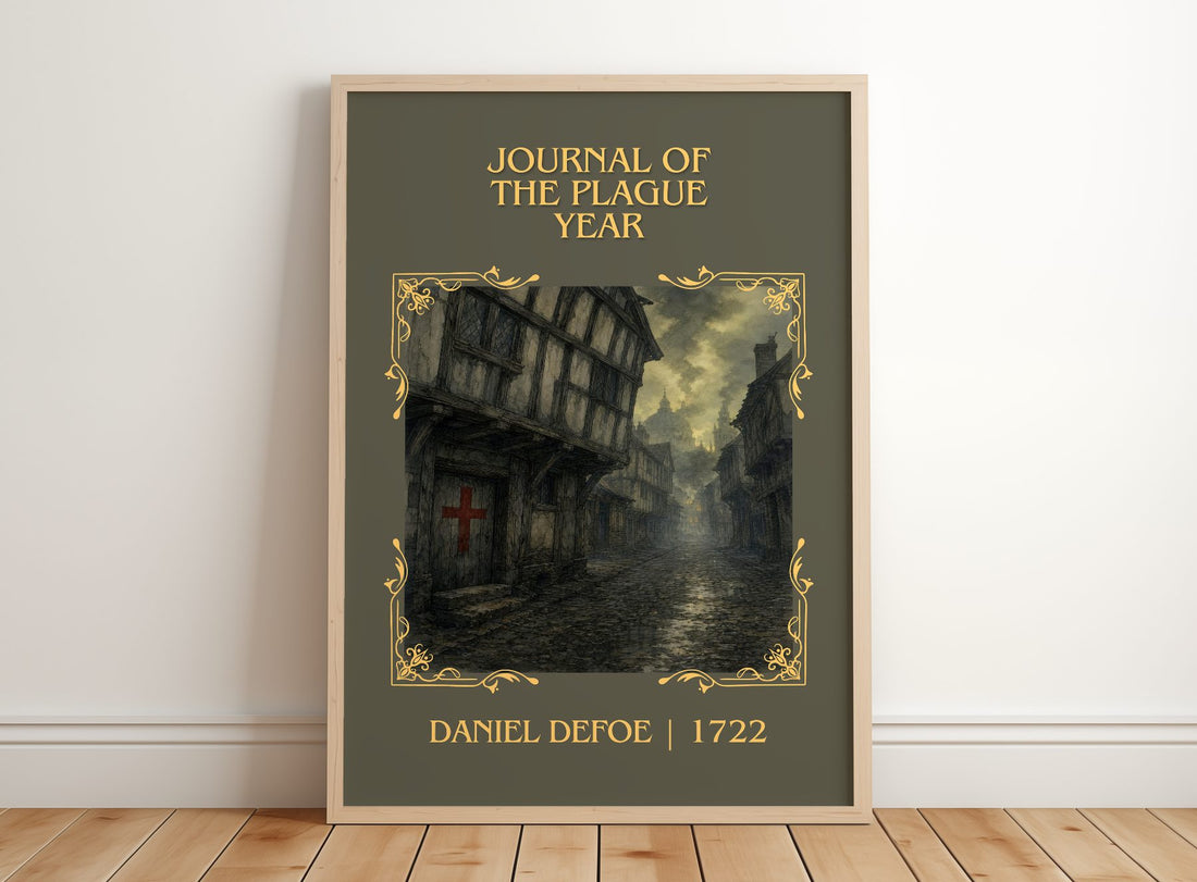Journal Of The Plague Year Classic Book Art Print by Daniel Defoe – framed print leaning on a wooden floor