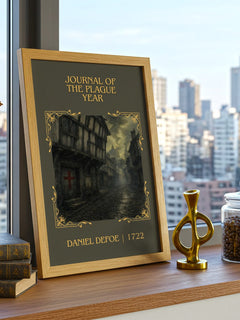 Journal Of The Plague Year Classic Book Art Print by Daniel Defoe – framed print on a city-view windowsill