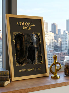 Colonel Jack Classic Book Art Print by Daniel Defoe – framed print on a city-view windowsill
