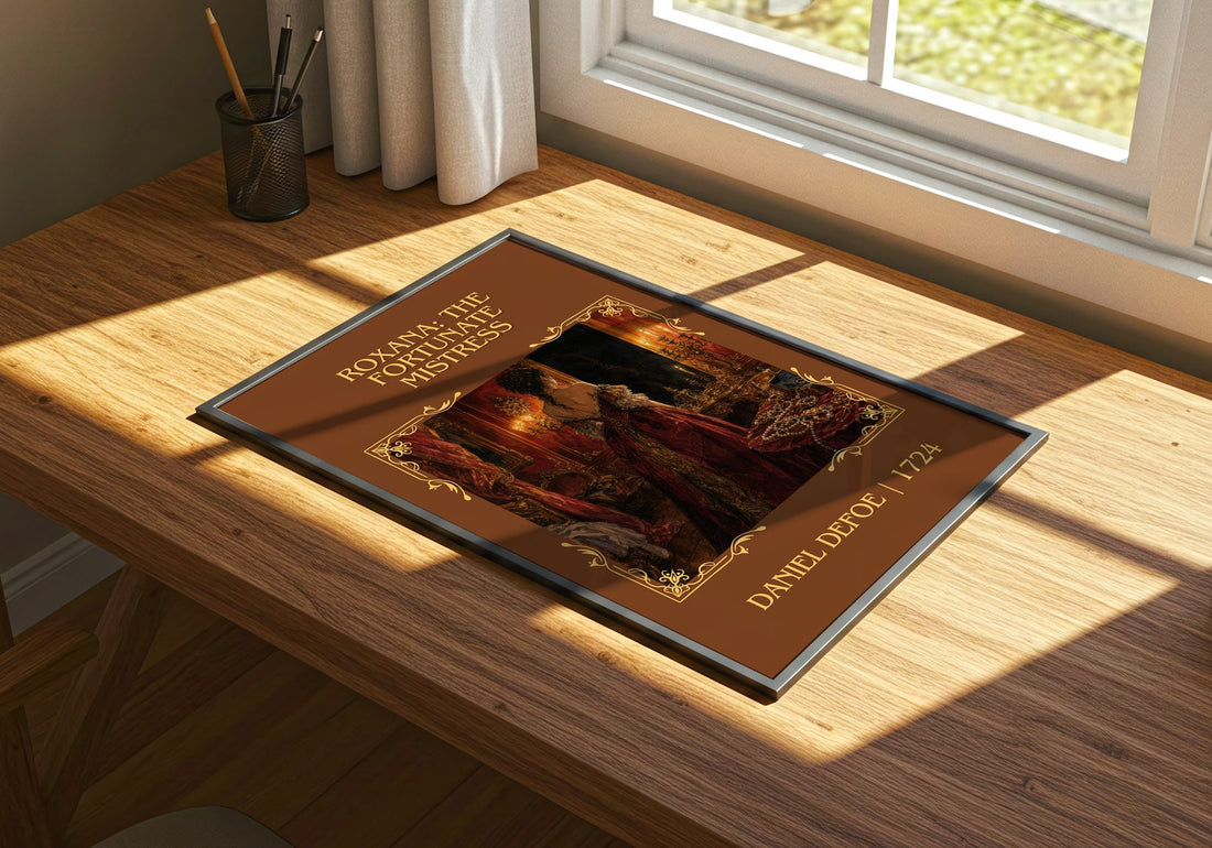 Roxana: The Fortunate Mistress Classic Book Art Print by Daniel Defoe – print on a sunlit desk