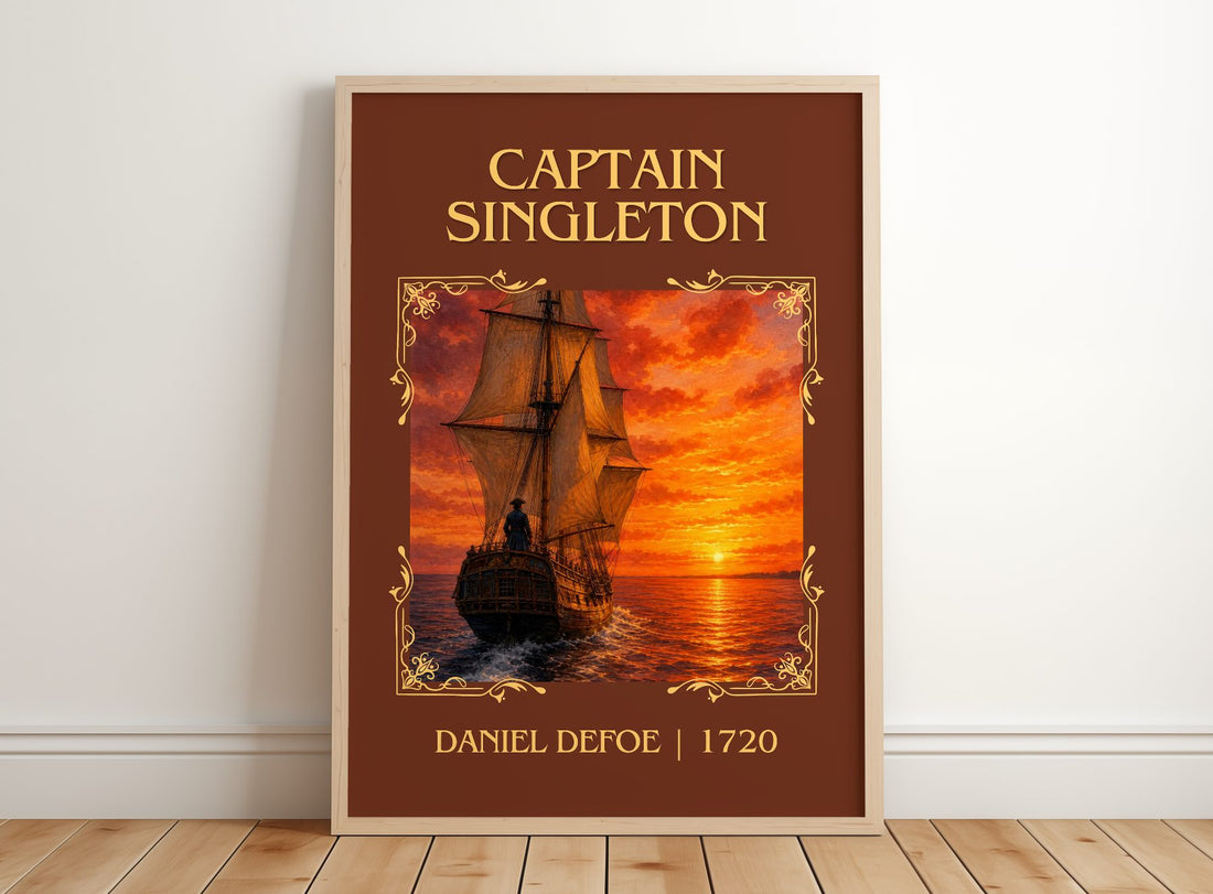 Captain Singleton Classic Book Art Print by Daniel Defoe – framed print leaning on a wooden floor