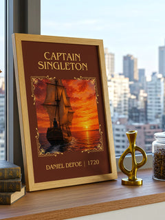 Captain Singleton Classic Book Art Print by Daniel Defoe – framed print on a city-view windowsill