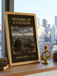 Memoirs Of A Cavalier Classic Book Art Print by Daniel Defoe – framed print on a city-view windowsill