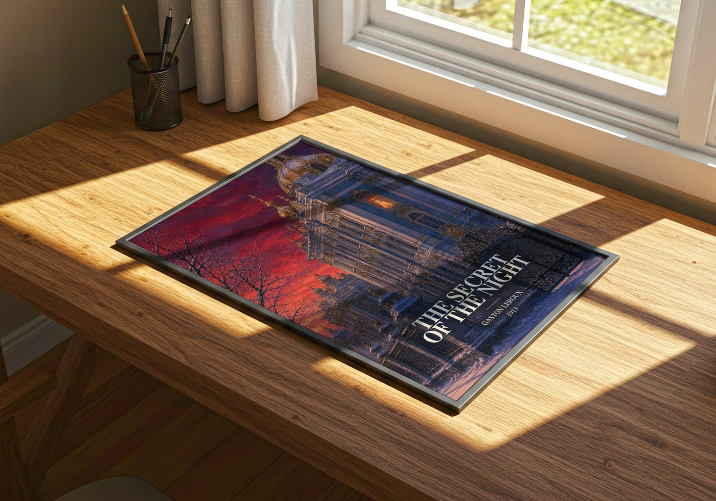 The Secret Of The Night watercolour book poster framed on wall – mystery wall art